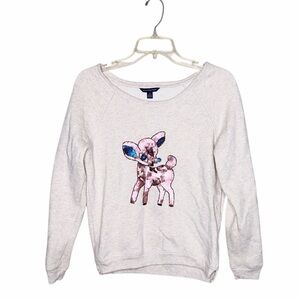 American Eagle Pink Christmas Baby Reindeer Women's Cream Sweater